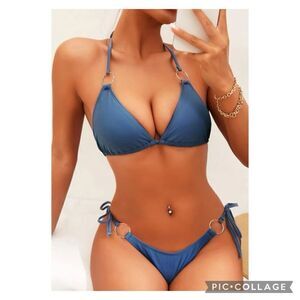Blue Silver 2 Piece Adjustable String Bikini M L